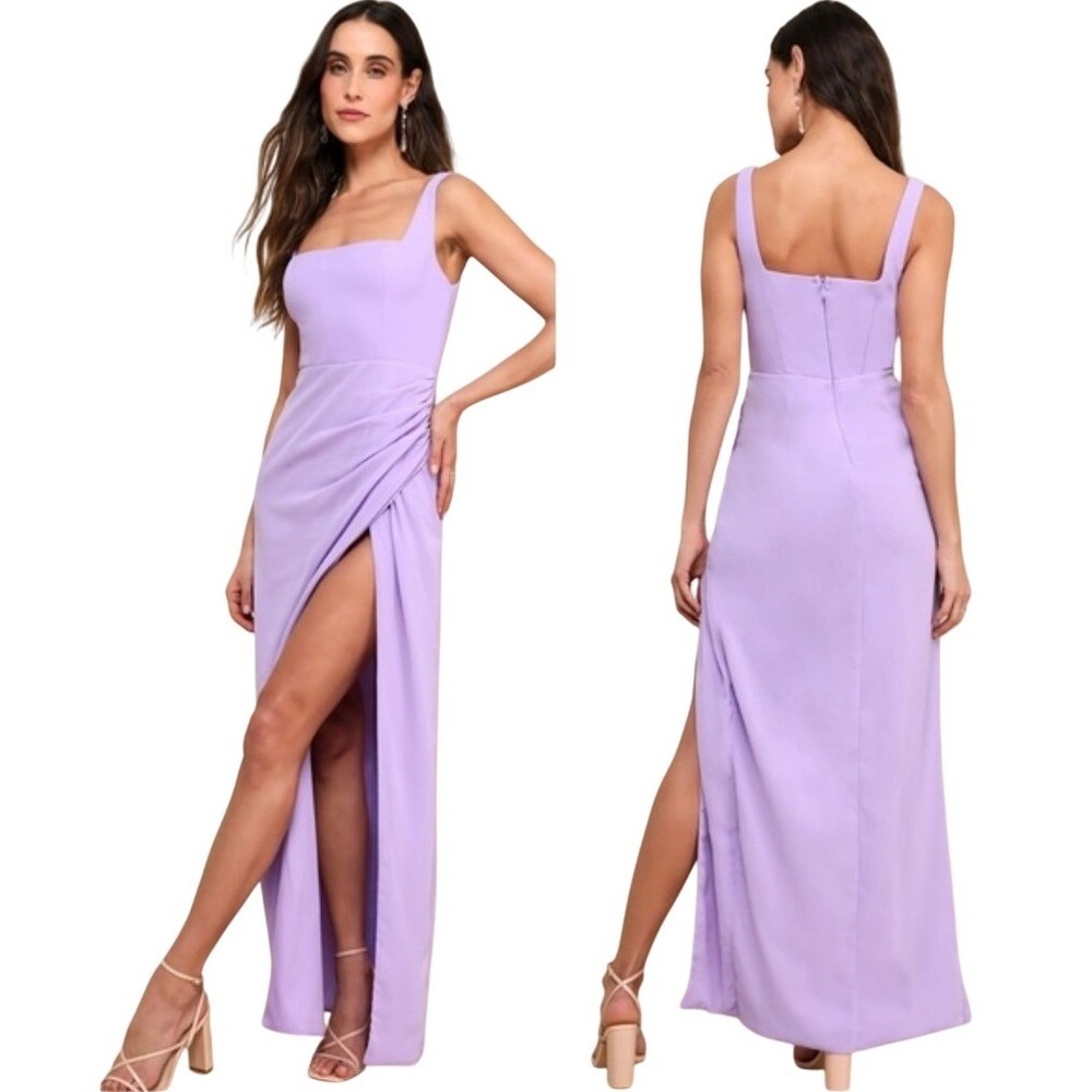 Lulus Glamourous Disposition Lavender Ruched Maxi Dress Side Slit NWT Small